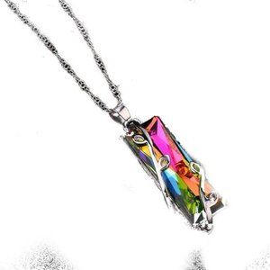 Geometric Rainbow Stone Pendant Silver plated Necklace